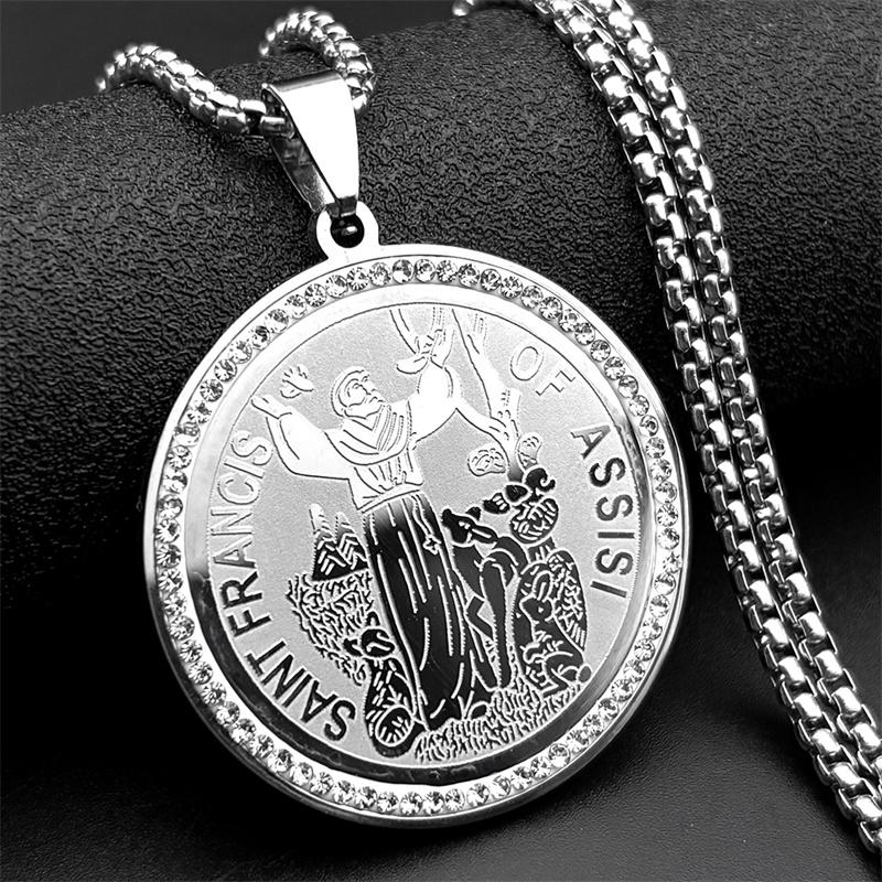 SAINT FRANCIS OF ASSISI PROTECTOR OF ANIMALS Pendant Necklace for Women Men Stainless Steel Church Rhinestones Medal Jewelry