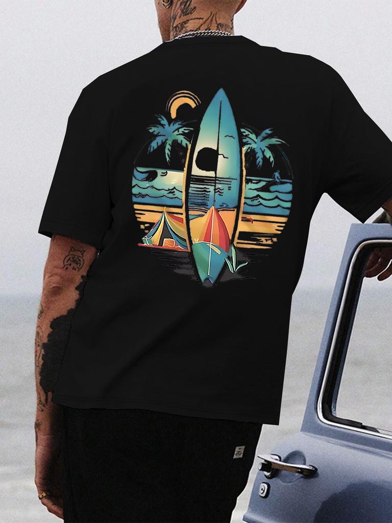 Mens Surfboard Graphic Tee  Casual summer tee with vibrant beach scene design short sleeves crew neck