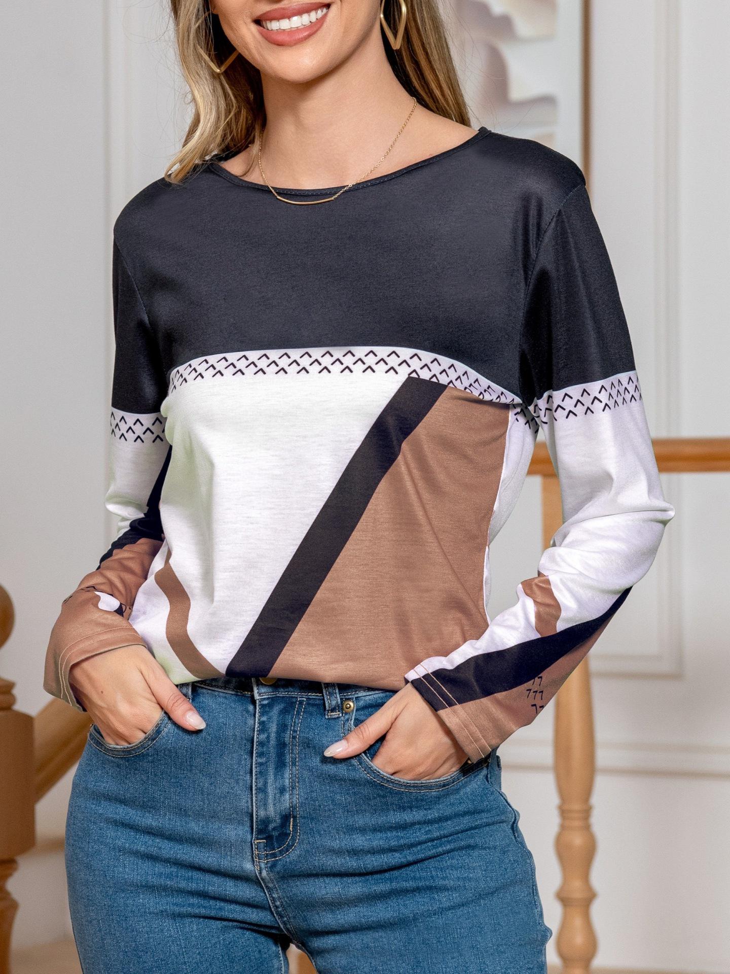 

Women s Spring & Autumn Elegant Geometric Contrast Long-Sleeve Tops Small