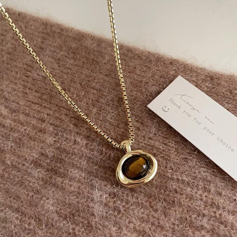 Tiger's Eye Stone Necklace Female, Premium Sweater Chain Maillard Style Collarbone Chain, Amber Necklace