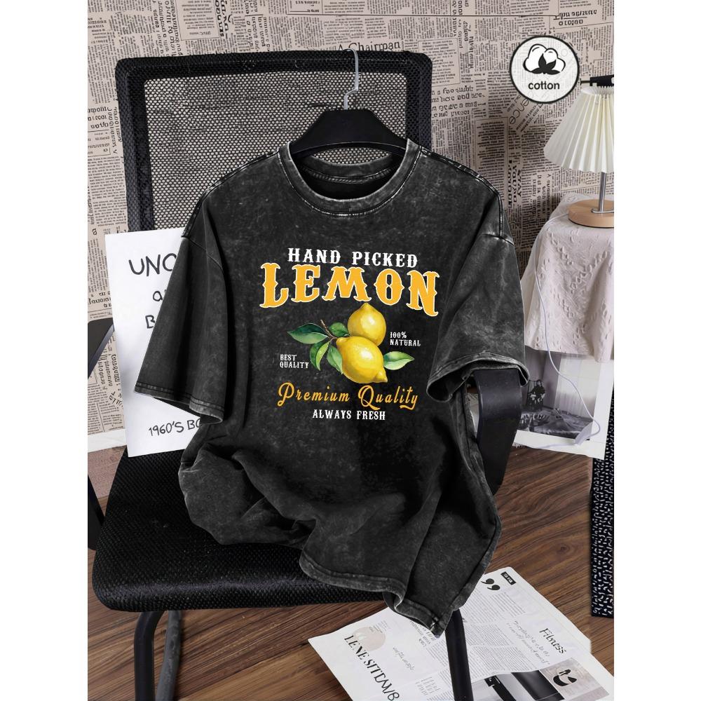 Hand Picked Lemon Always Fresh Print Washed T Shirt Women Cotton Clothes O-Neck Casual T-Shirt Loose Summer Top