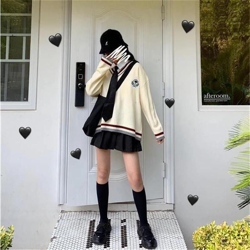 New  Japanese Preppy Pullover JK Sweater Loose Casual Long Sleeves Student Long-sleeved Knit V-neck Pullover School Uniform