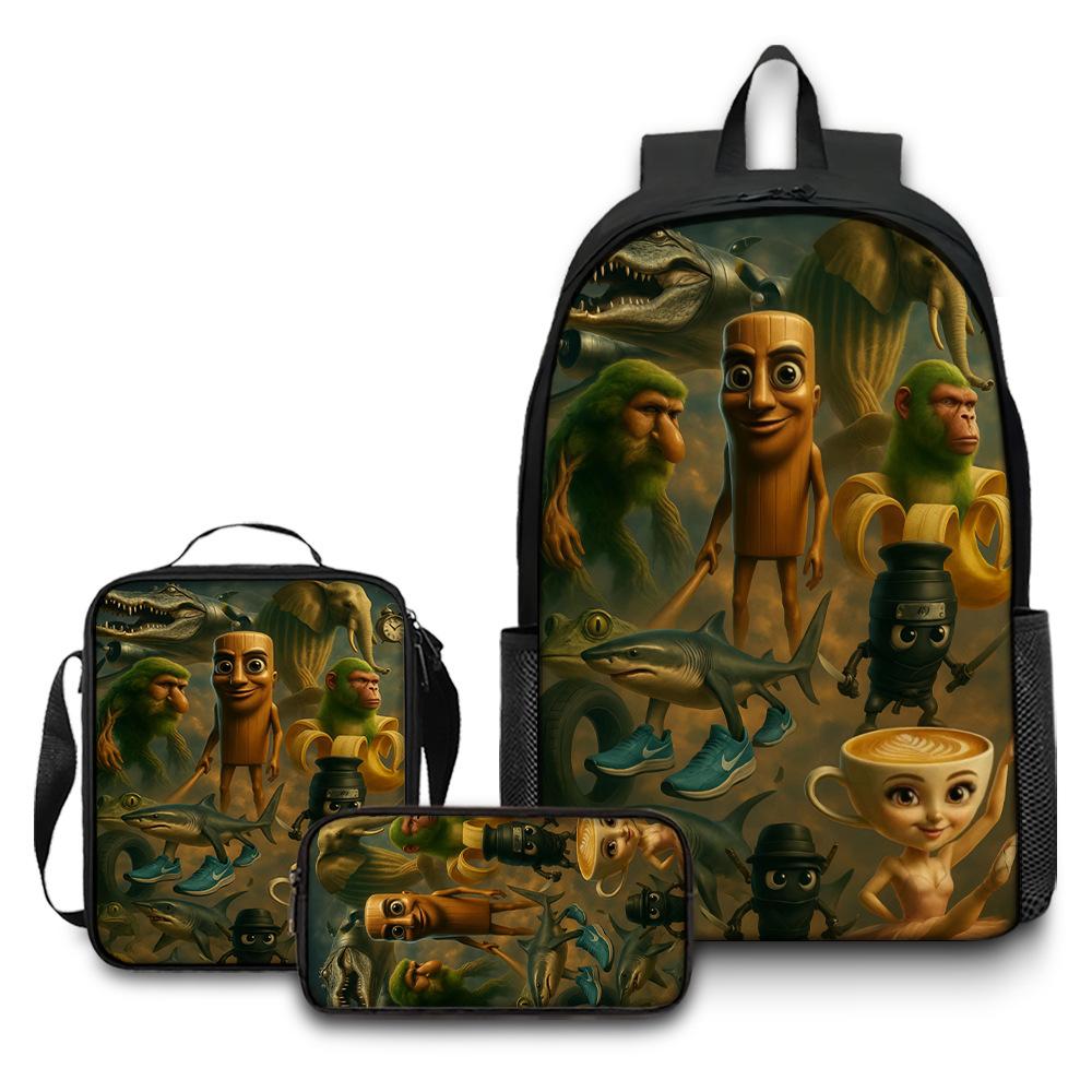 Printed Backpack Wooden Stick Man Shanhaijing School Bag Pencil Case