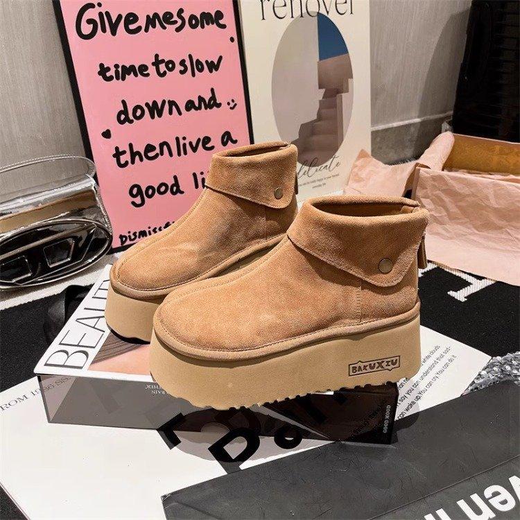 

European Station Vintage Boken Shoes Frosted Leather Platform Muffin Small Man Super High Heel Snow Cotton Boots Short Boots Bread Shoes 35