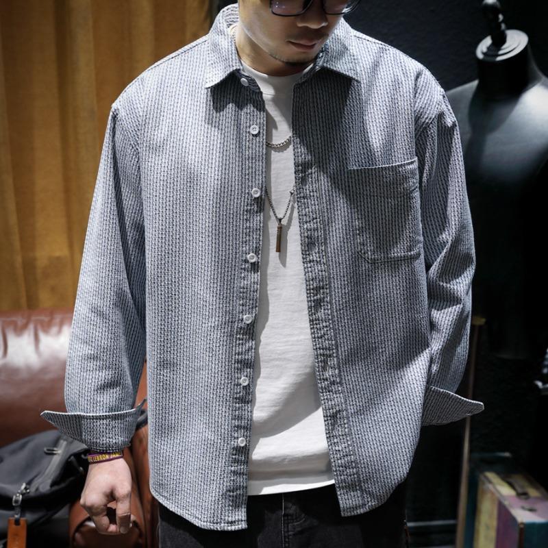 Men's Vintage Turtlenker Trendy All-Match Loose Casual Striped Long-Sleeved Denim Shirt