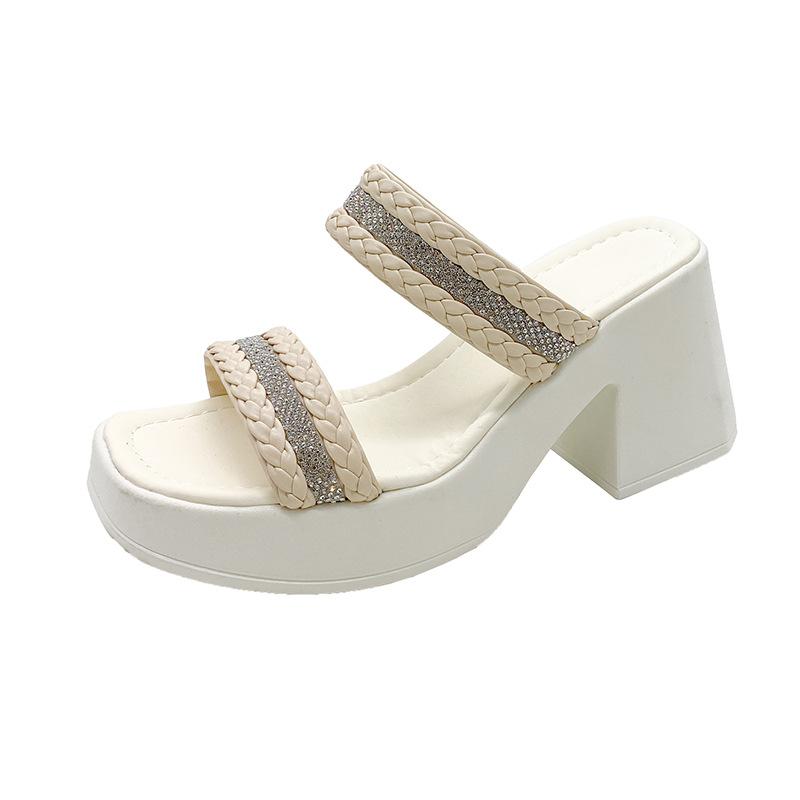 

2025 summer new thick heel high heel square head muffin thick bottom cool slippers women s European and American word with large size 42 women s shoes 35