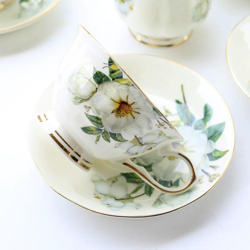White Camellia Coffee Cup and Saucer Spoon Set 240ml Light Luxury Bone China Tea Cup with Gold Trim, Fine Porcelain Tea Sets for Home