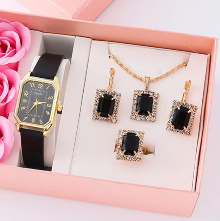 Square Women'S Gem Set Watch Women'S Popular 5Pcs Quartz Watch Set Gift Box