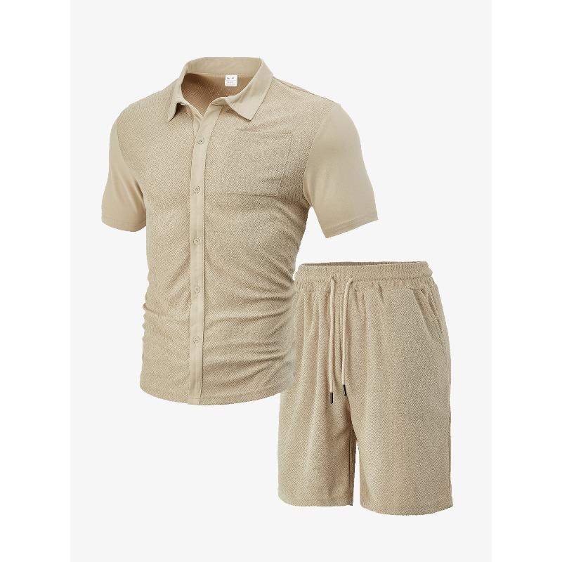 Men's summer new casual button solid color cross-grain towel jacquard cloth short-sleeved shorts set