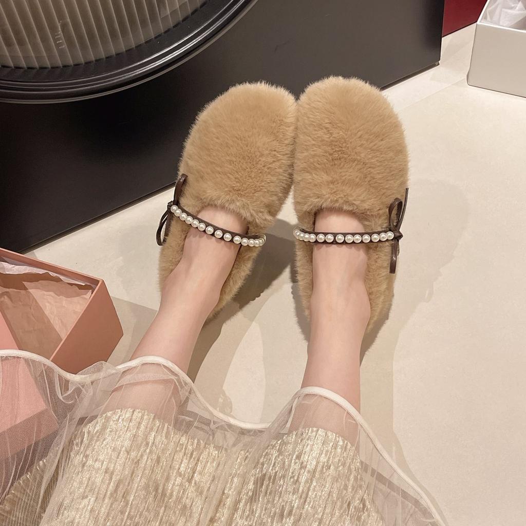 Versatile women's shoes new velvet Xiaoxiangfeng one-pedal fluffy women Mary Jane casual 2025 warm winter trendy models