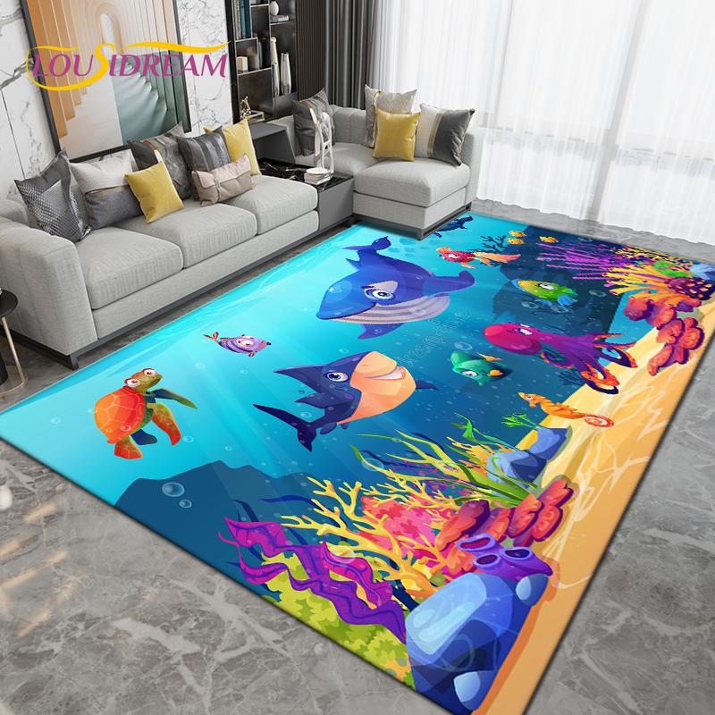 Ocean Underwater World Fish Dolphin Octopus Area Rug,Carpet Rug for Living Room Bedroom Sofa,Kitchen Bathroom Non-slip Floor Mat