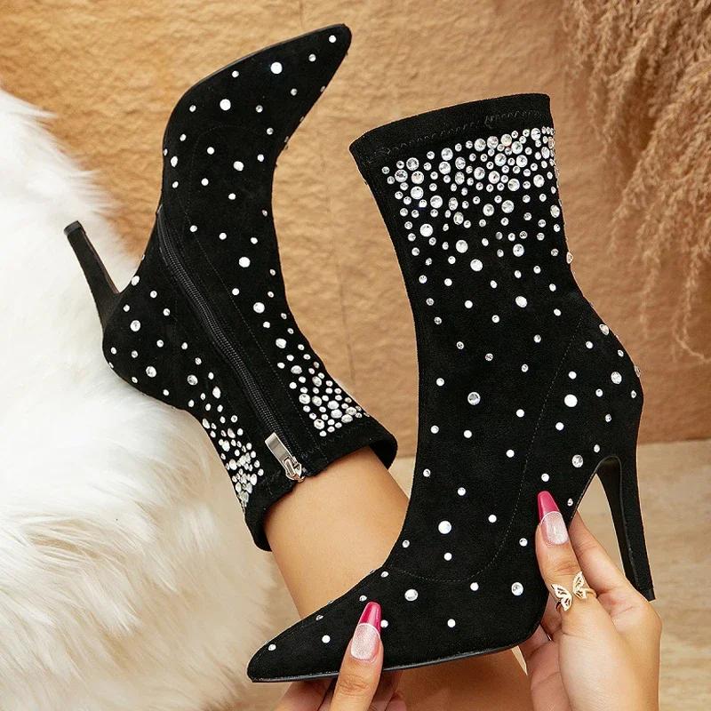 Fashion Sexy Crystal Ankle Boots Woman Eelgant Thin High Heel Pointed Toe Side Zip Shoes Boots Stretch Velvet Design Botas Mujer