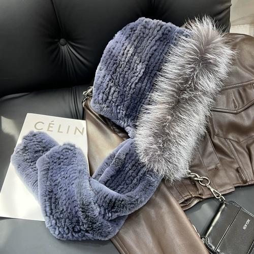New Rex Rabbit Hair Hat Scarf Integrated Snow Cap Women's Winter Fox Fur Warm Versatile Hooded Scarf