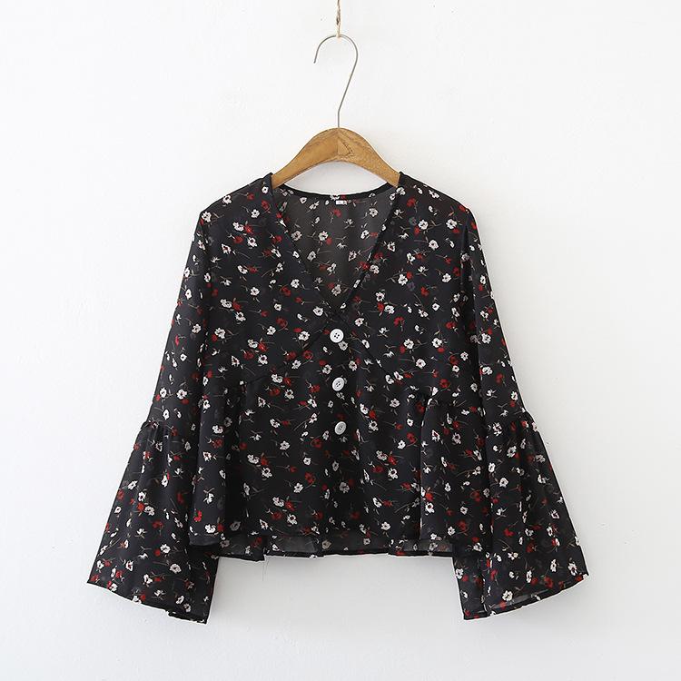 Button Up Skirt Doll Top Retro Floral V-neck Flared Sleeve Chiffon Shirt for Women