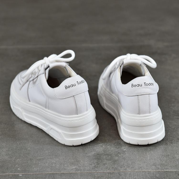 Johnature Genuine Leather Thick Sole Height Increasing White Shoes For Women Casual Flat Platform Shoes
