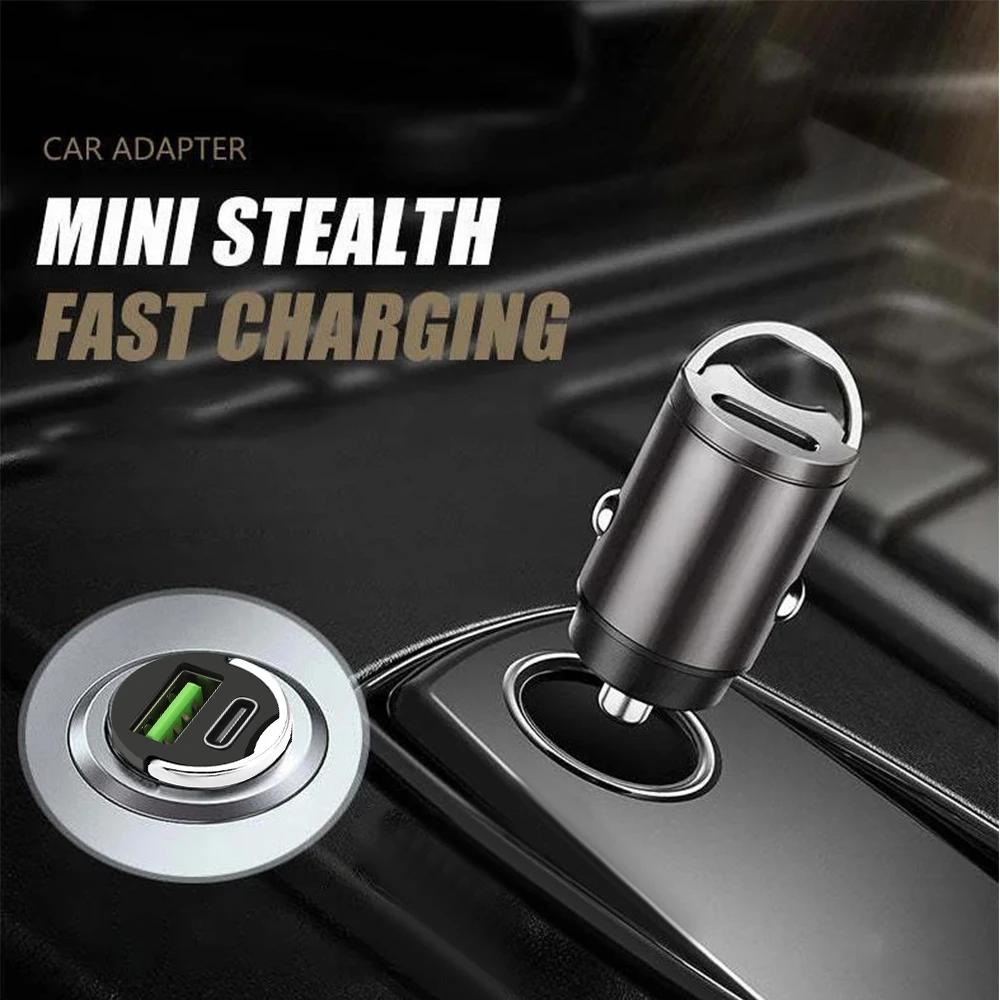 12V-24V Mini Car Charger Pull Ring Fast Charging USB C Car Phone Charger Adapter For iPhone Xiaomi Samsung Huawei