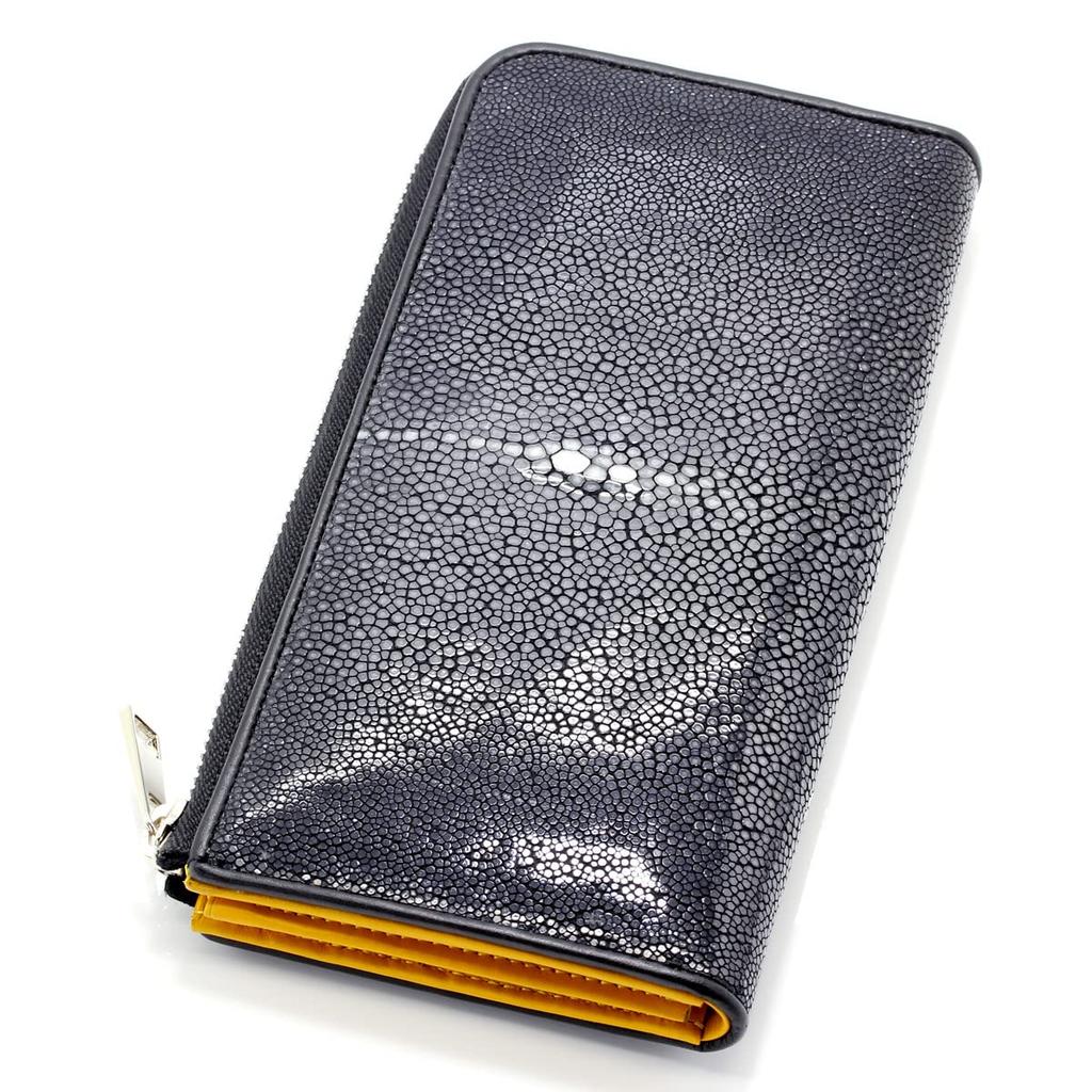 Levetta Stingray Leather Long Wallet with Mustard Yellow YKK Galuchat and Stingray for Men and Genuine Leather Interior, L-Zip, Leather, Black, Women,