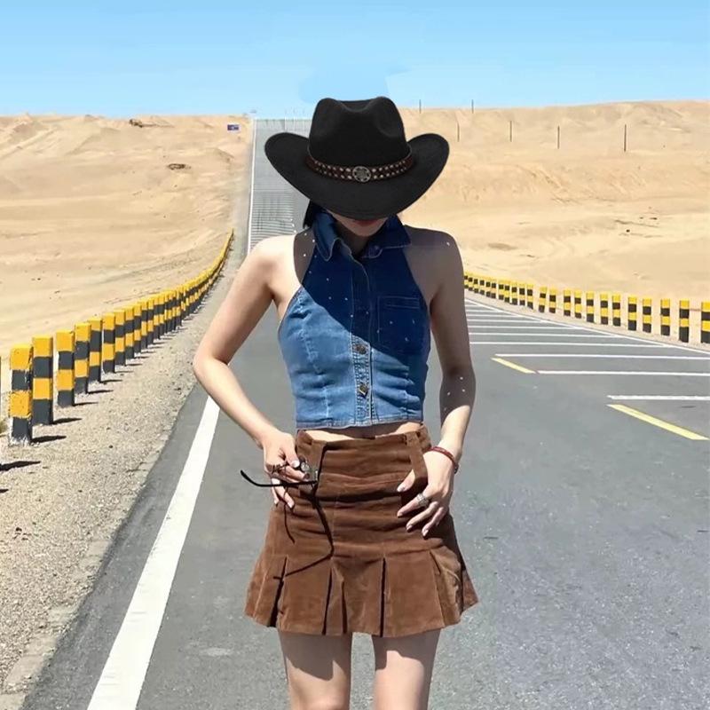 Wind Outdoor Rivet Belt Western Denim Hat Men'S And Women'S Sunscreen Casual Fashion Straw Hat