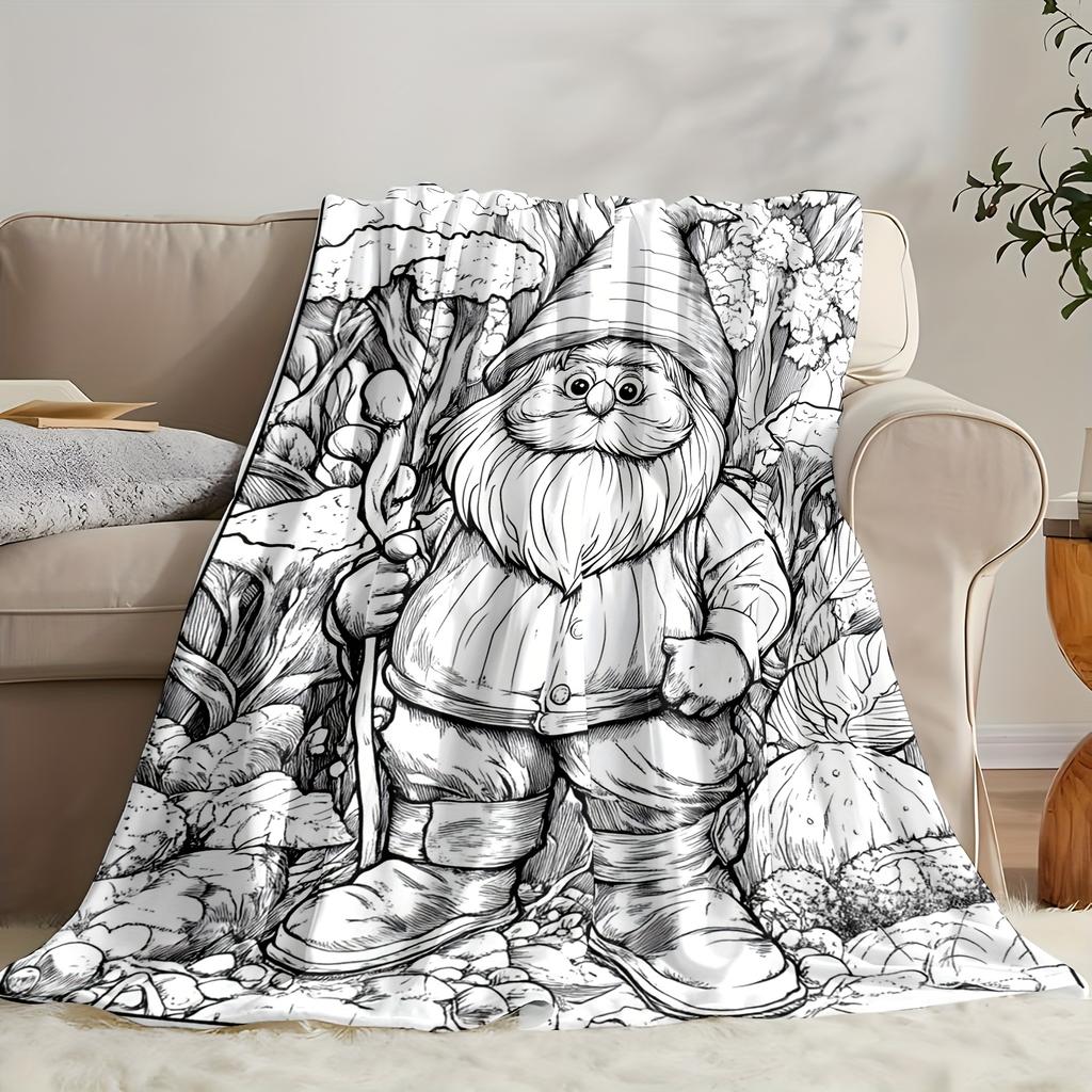 2D Flat Printing - Garden Gnome Coloring Page Pattern Flannel Small Blanket, Exquisite Line Art Nap Blanket, Comfortable And Charming for Sofa, Bed, O