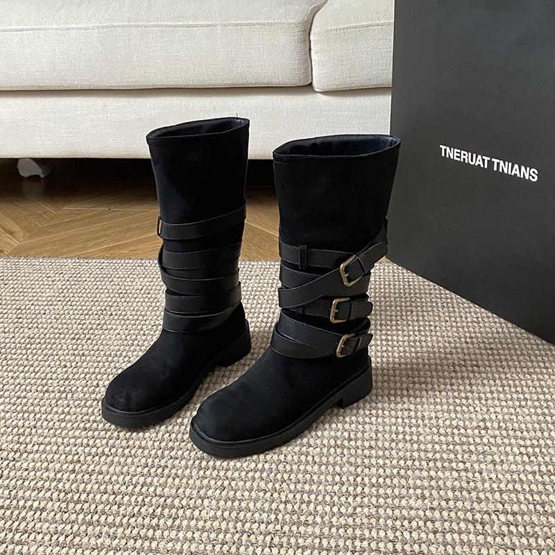Spot new retro suede belt buckle knight boots women's thick-soled western cowboy boots tall wasteland wind boots women
