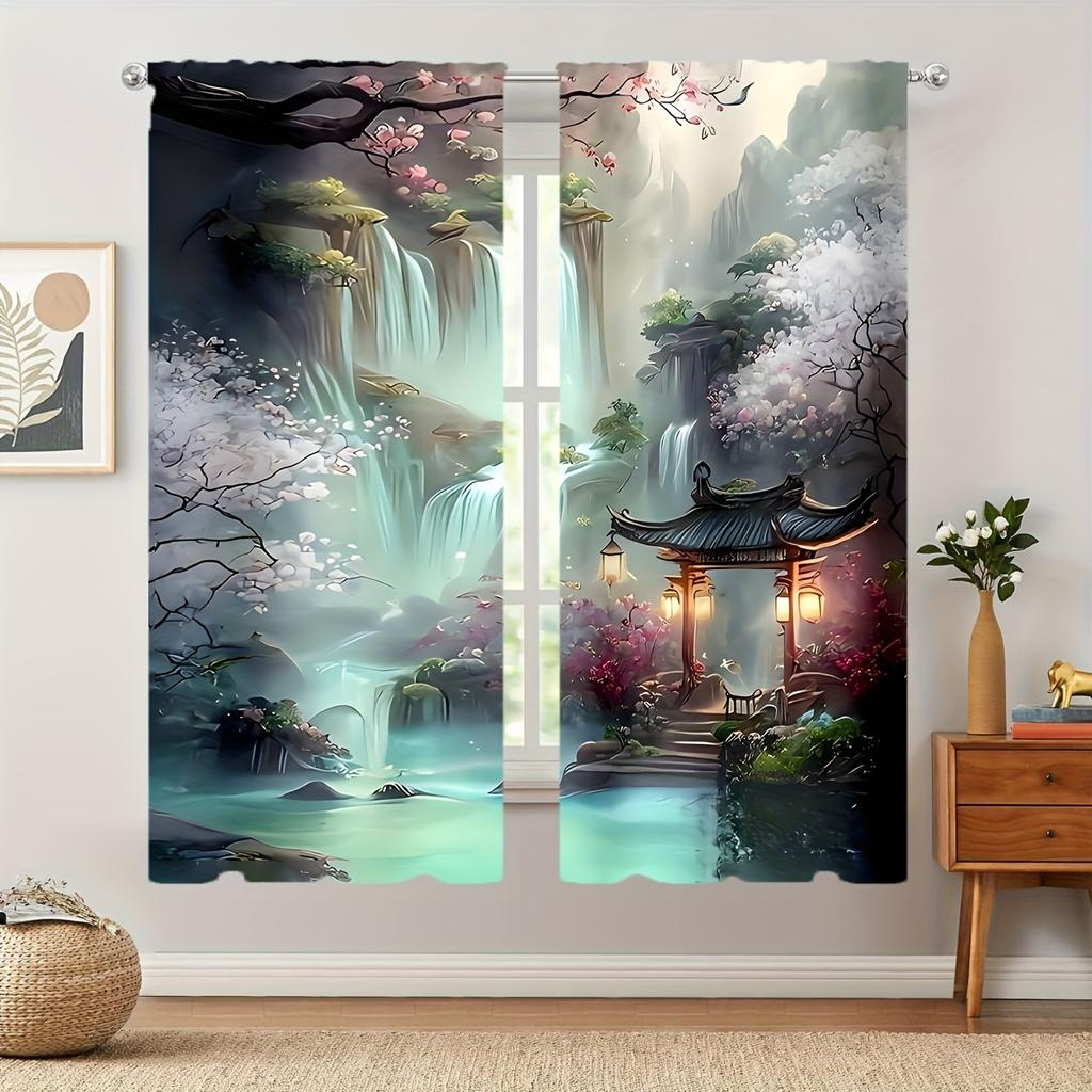2 Stück Schöne Landschaft Gedruckter Vorhang Halbverdunkelnd Sichtschutz Fenster Vorhänge Set Stangentasche Fensterdekorationen Für Schlafzimmer Zuhause