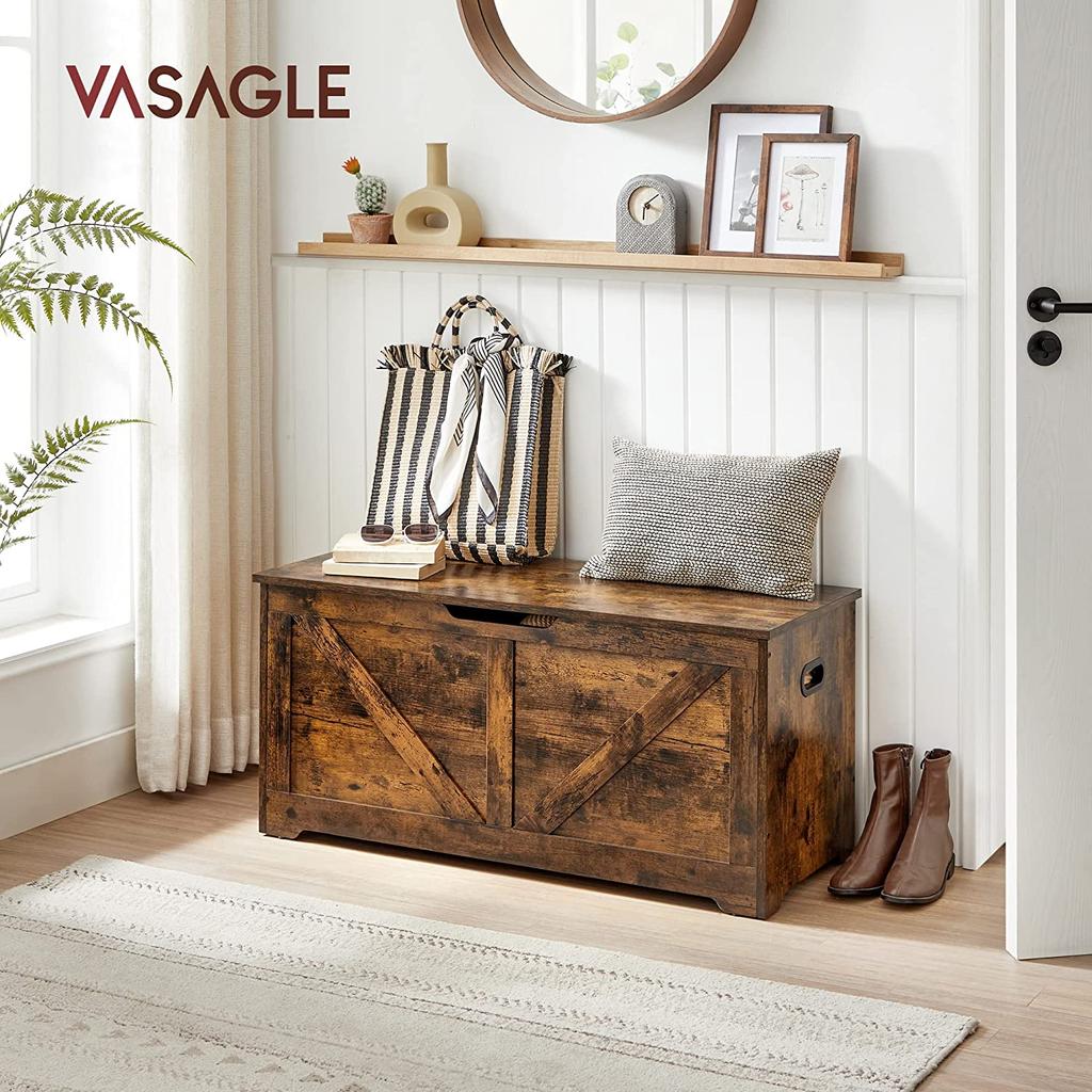 VASAGLE Storage Chest, Storage Bench, Blanket Box with 2 Safety Hinges, Shoe Storage Bench, Barn Style, 40 x 100 x 46 cm, for Hallway, Bedroom