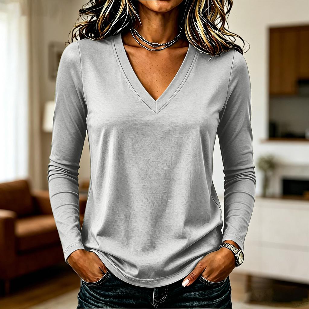 Top casual da donna a maniche lunghe, scollo a V, tinta unita, tessuto leggero, elastico, morbido, vestibilità comoda, per l'uso quotidiano