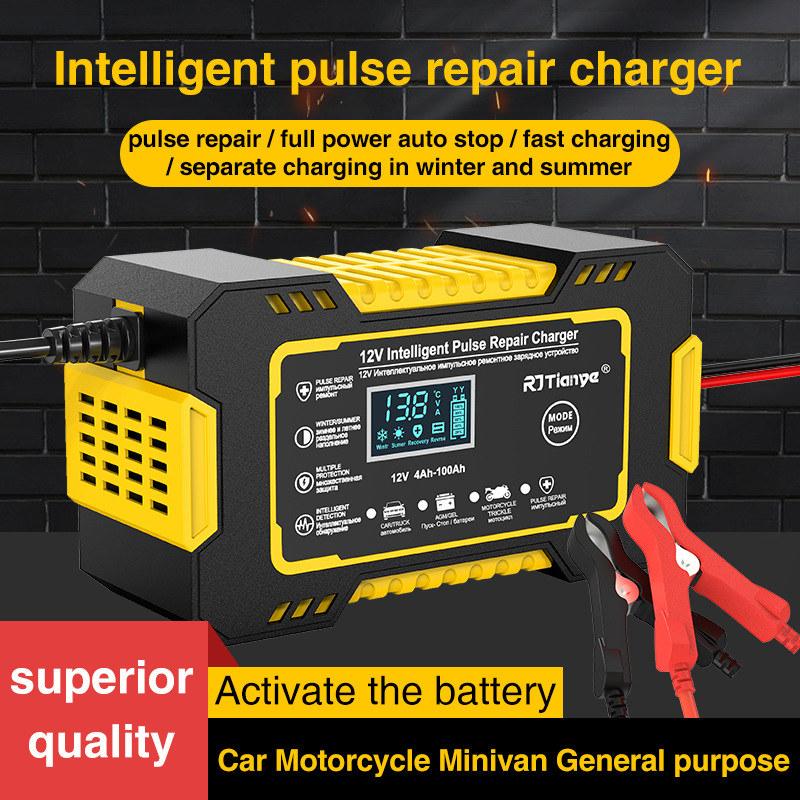 12V 6A Battery Charger for Car Motorcycle Full Automatic Multi-Function Pulse Repair Touch Switch Screen and LCD Display for Wet Dry Lead Acid GZW