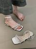 French temperament celebrity design sense niche square head sandals women summer wear word with rhinestone thick heel