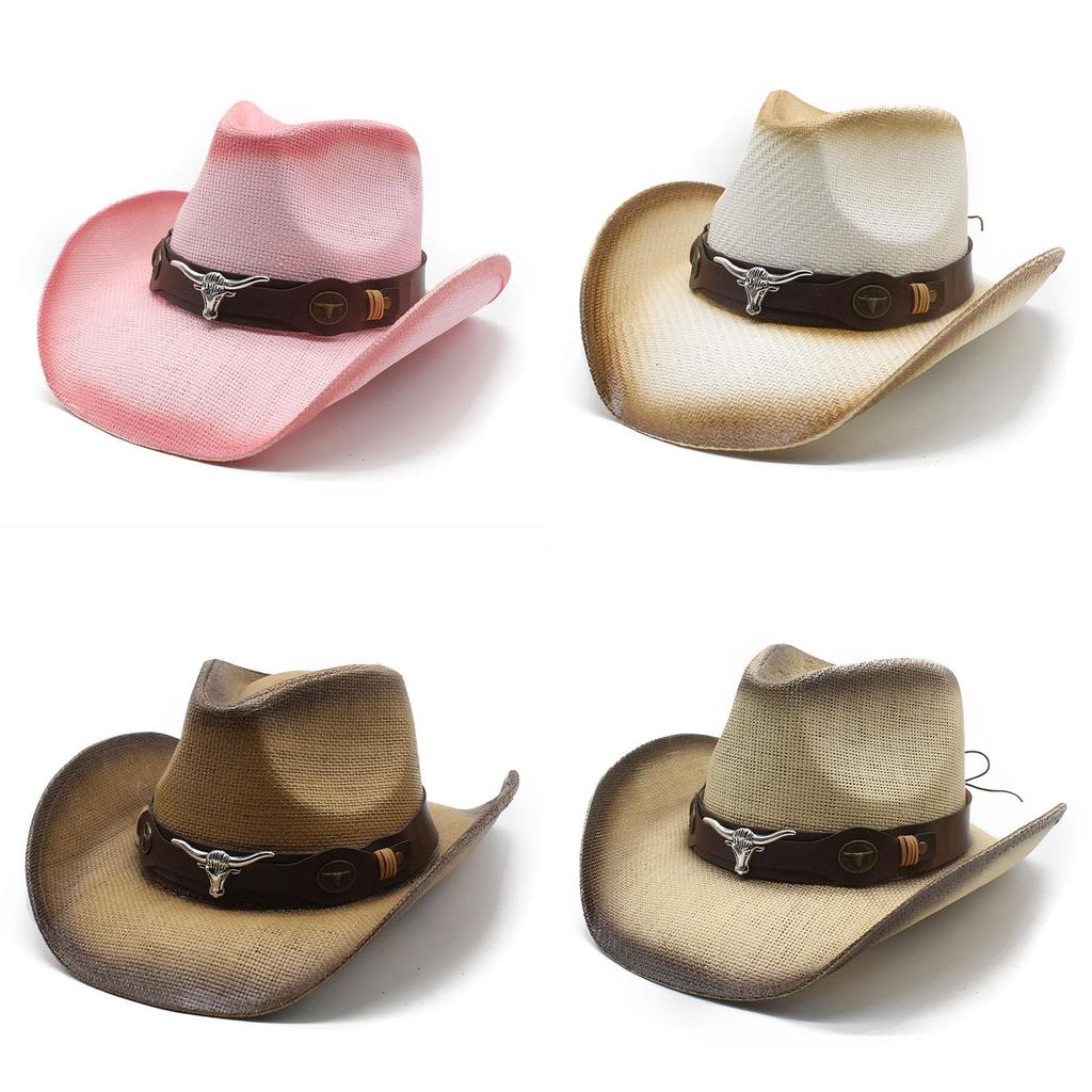 Ethnic Style Cowboy Hat With Breathable Paper Straw For Summer Outdoor Sun Protection