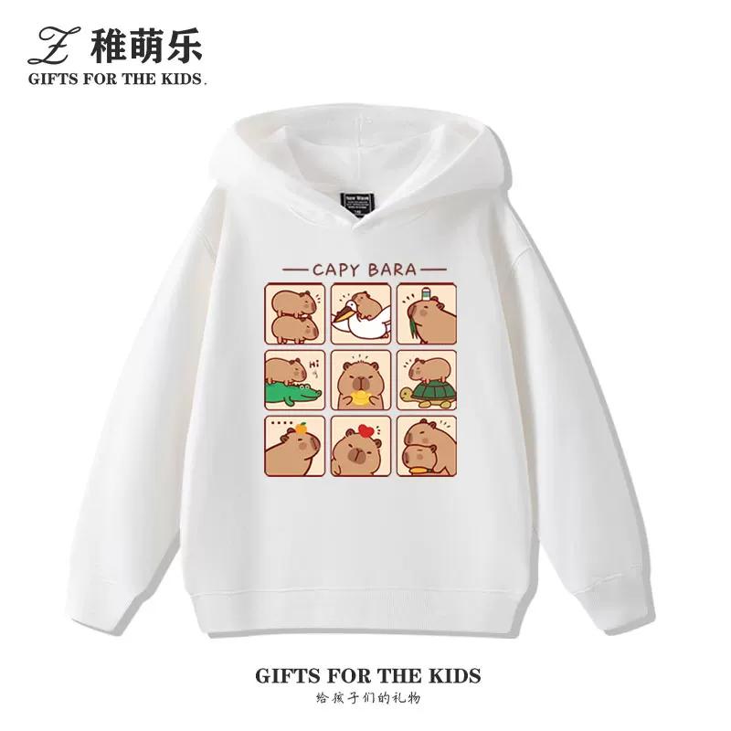 Sudadera con capucha infantil con estampado de capibara, otoño e invierno, para niños y niñas, forrada de felpa, versátil y a la moda.