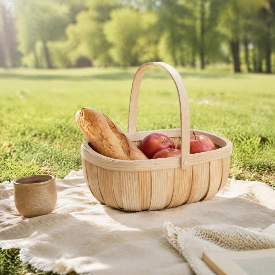 Reinforced Handle Organizer Handmade Woven Wood Storage Basket, Oval with Handle, Portable Food Serving Tray Large Capacity Bin for Kitchen
