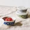 Aito Seisakusho "Blossom" 3-Piece Storage Container Set with Lid, Small Bowl, and Blue Flower Design. Navy, Blue/Green/Gray. Mino Ware. Dishwasher and