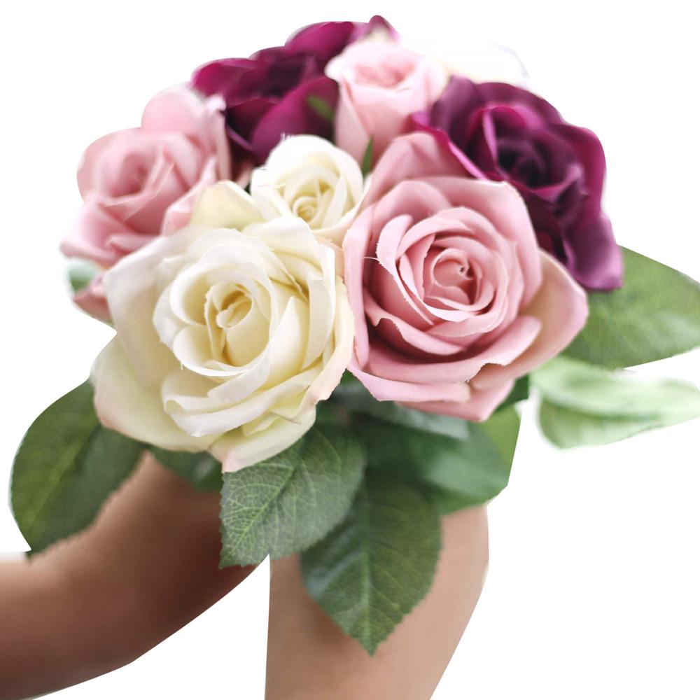 9 Heads Artificial Silk Fake Flowers Leaf Rose Wedding Floral Decor Bouquet