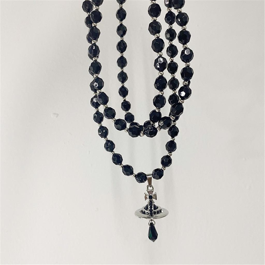 Tooxika Triple Black Crystal Three-dimensional Saturn Water Drop Pendant Necklace Punk Dark Style Collarbone Chain