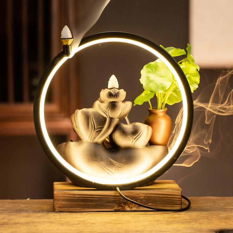 Luxusní světlo Nové Buddha Ruční Zpětný Proud Kadidlo Hořák LED Lampa Kroužek Domácí Dekorace Fialový Písek Zen Kadidlo Hořák Kadidlo Table