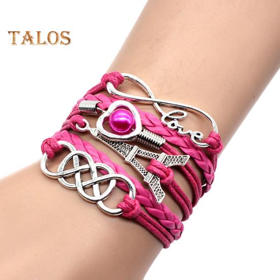 

Плетеный браслет из искусственной кожи с многослойным узором, ретро-многослойный плетеный браслет в виде башни из шнура для мужчин и женщин розы красного