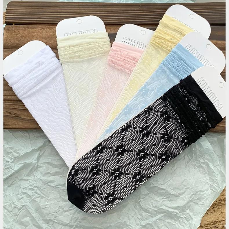 1 Pair Summer Mesh Socks for Kids Girl Solid Color Fashion Floral Children's Calf Sock Thin Breathable Elastic School Sock