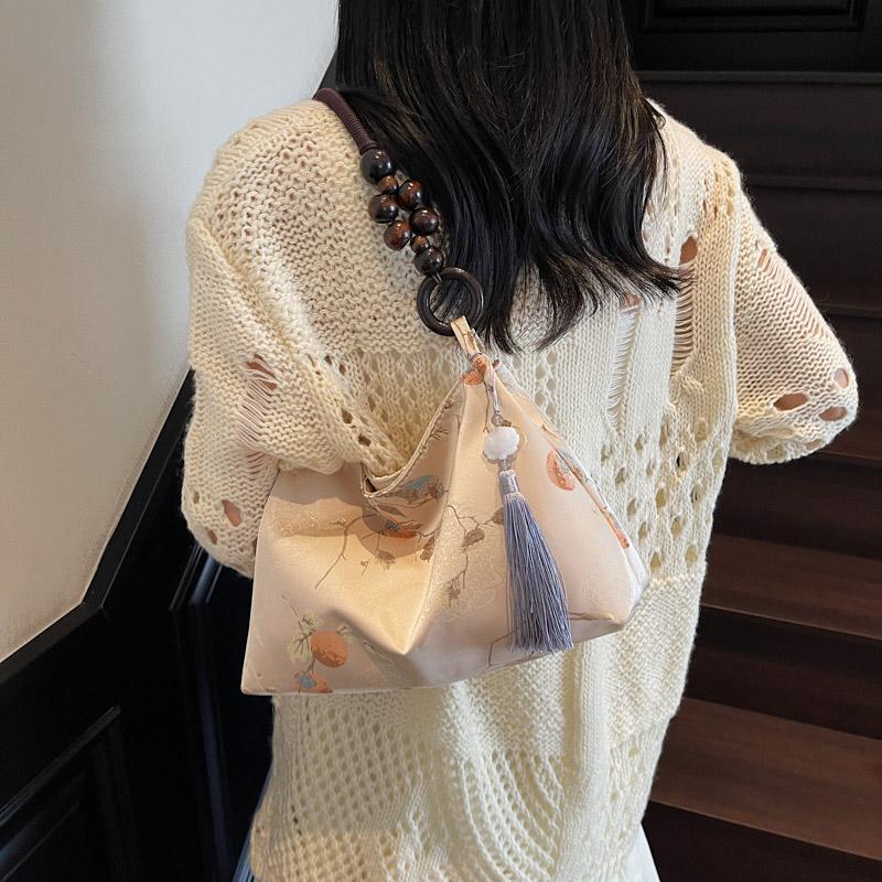 Retro Beige Embroidery Handbag Women Beaded Handle Large Capacity Shoulder Bag Ladies Elegant Luxury High End Underarm Bags