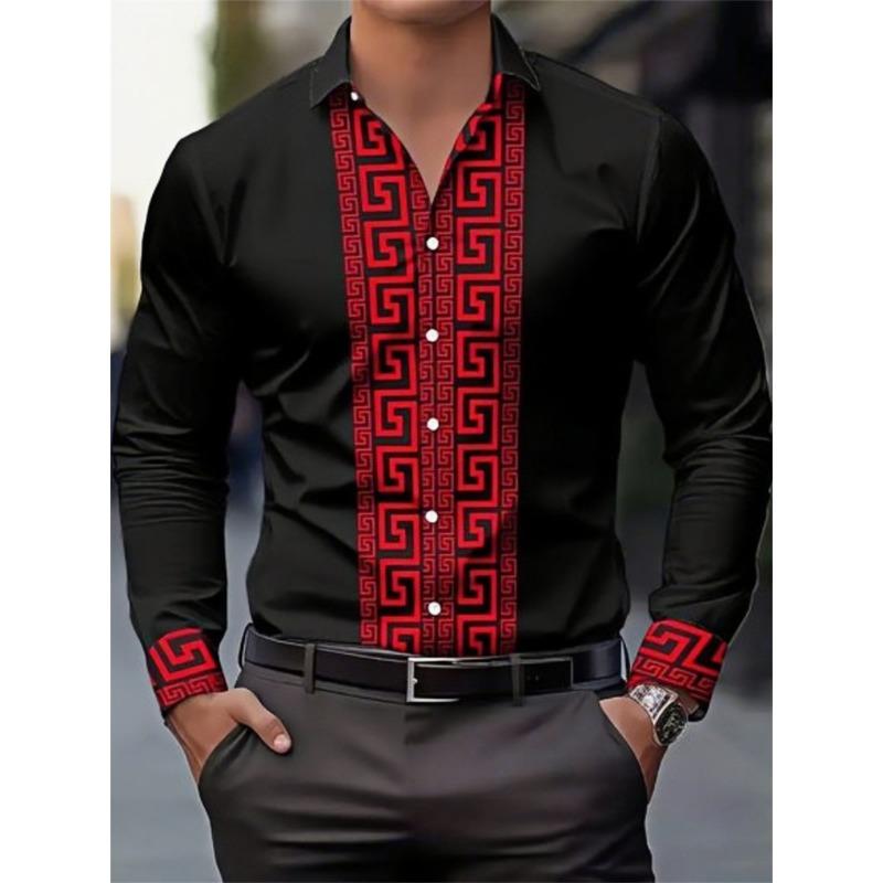 Men's Long-sleeved Shirt with Pattern Design, Fashionable Lapel Button-down Top, Versatile, Casual and Comfortable Men's Top