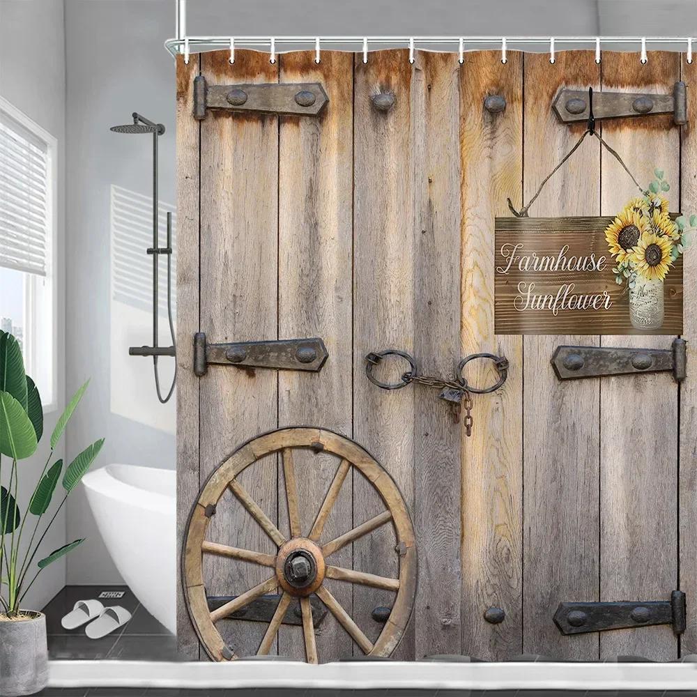 

Rustic Farm Barn Door Shower Curtains Vintage Wood Plank Wheel Sunflower Polyester Fabric Bathroom Decor Bath Curtain with Hooks 90x180cm-35x70in