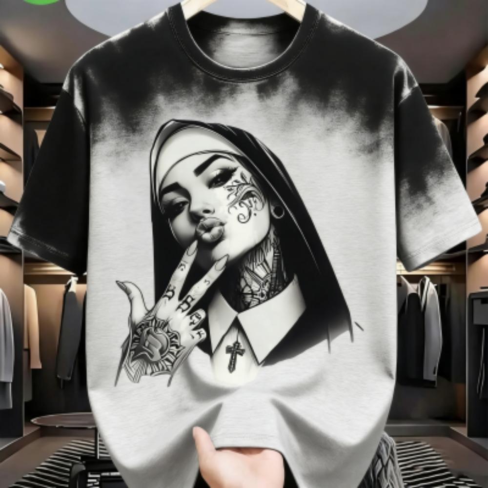 Tattooed Nun Graphic Print Men's T-shirt Summer Fashion Casual Loose Short Sleeves Men's and Women's Tees Top
