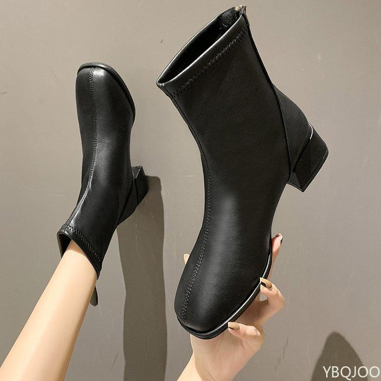 2025 Autumn/Winter New Square Zipper Women's Retro Short Boots with Middle Heel and Ankle Fashion Elastic Socks Women's Boots