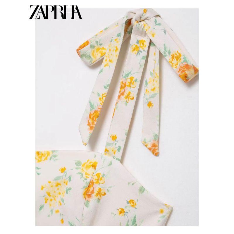 Zaprha New Arrival Sweet Sexy Bowknot Decoration Flowers Print Poplin Dress Small Slim Looking 4661396