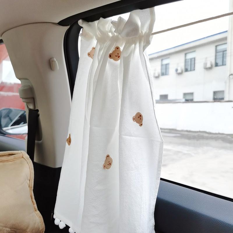 Korean Style Spring Summer Cartoon/Floral Embroidery Cotton Car Sunshade Cover PomPom Trim Kids Travel Privacy Protector