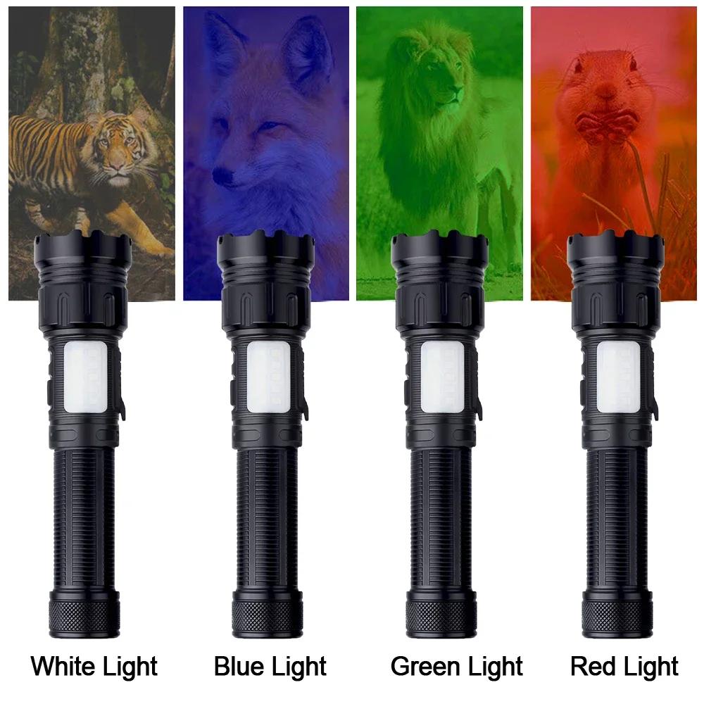 30W 4 In 1 Zoomable Hunting Flashlight 4000LM White+Green+Red+Blue 7 Modes Multi-color Outdoor Waterproof Type-C Charging Torch