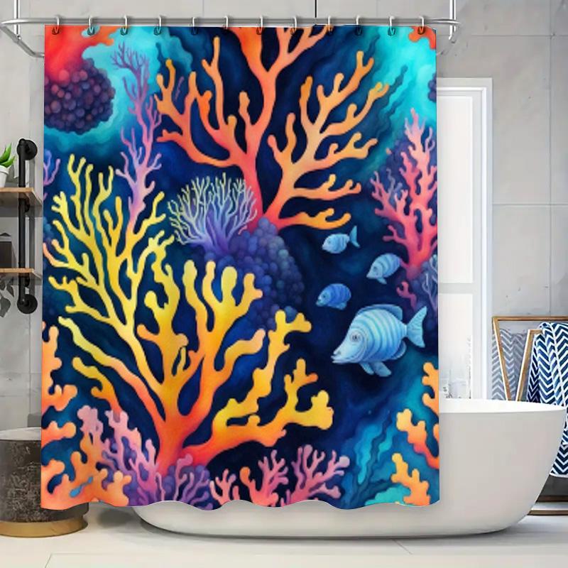 

Colorful Coral Reef Shower Curtain Bathroom Decor Fish Sea Creatures Printed Fabric Size Customizable For Home Bathing Area W60H190(CM)-1 Pcs