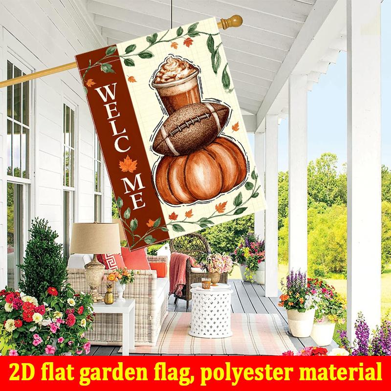 2D Flat, 2D Flat - 2D Flat Printing 1pc Autumn Rugby Pumpkin Welcome Design Courtyard Flag - Double-Sided Garden Flag, Outdoor Decoration, Lawn, Flag