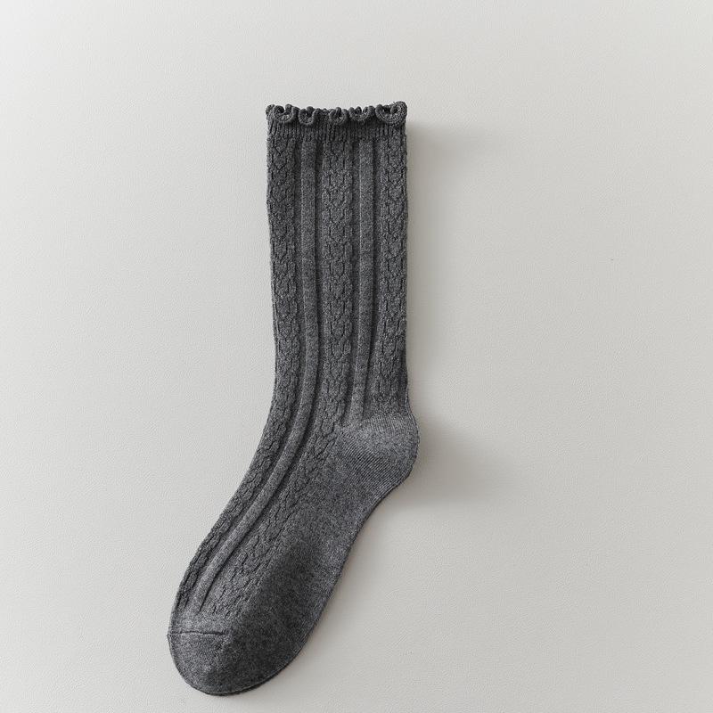 Autumn And Winter Wool Socks Women'S Japanese Retro Relief Curled Edge Medium Tube Stacking Socks Lace Cashmere Women'S Socks
