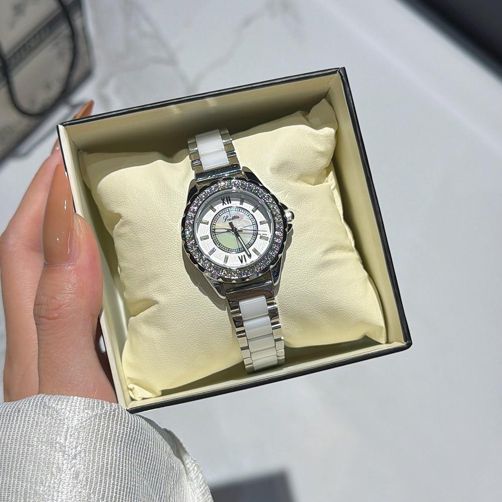 Scottie New Fashion Woman Watch Diamond Encrusted Dial Elegant Ceramic Bracelet Luxury Female Quartz Wristwatch Gift Reloj Mujer